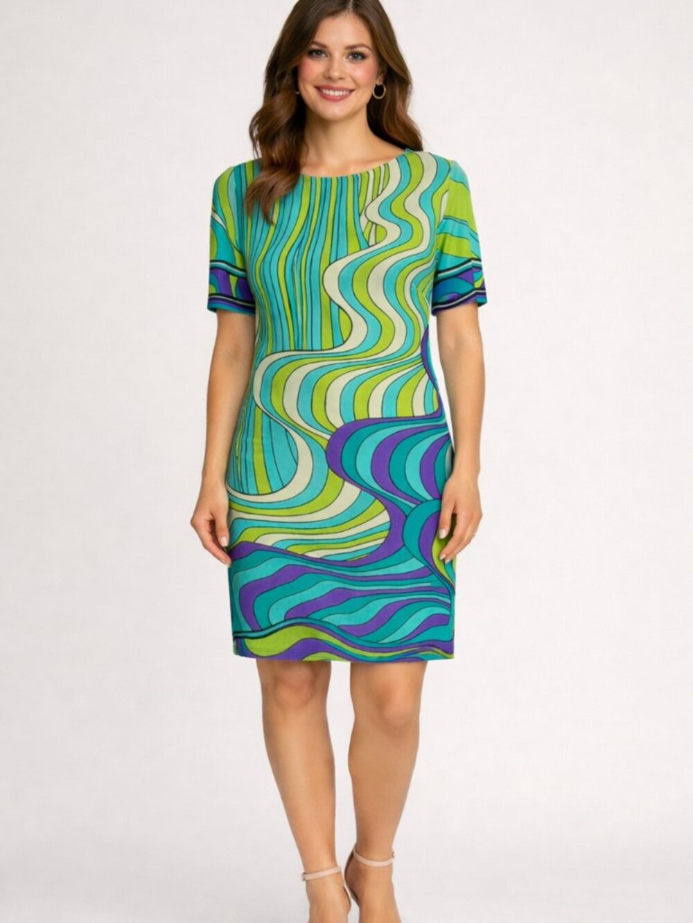 Vibrant Multicolor Wavey Striped Retro Style Dress